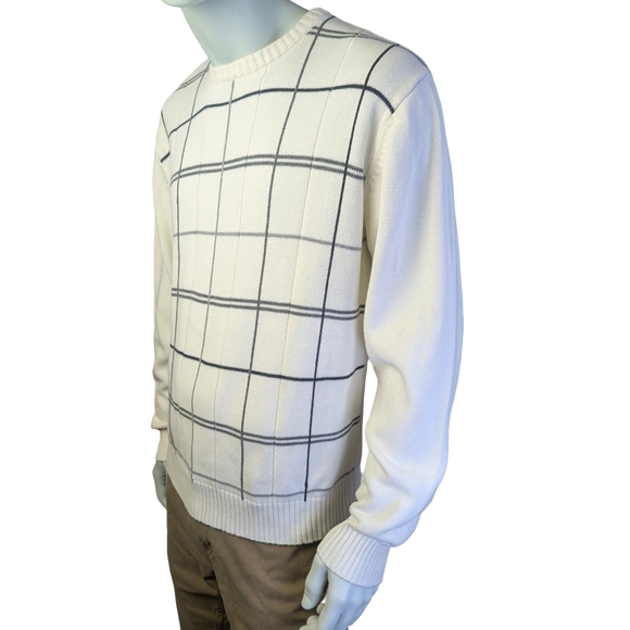 Oscar de la Renta 100% Cotton Cream Windowpane Grid Knit Sweater Men’s L - Picture 3 of 5